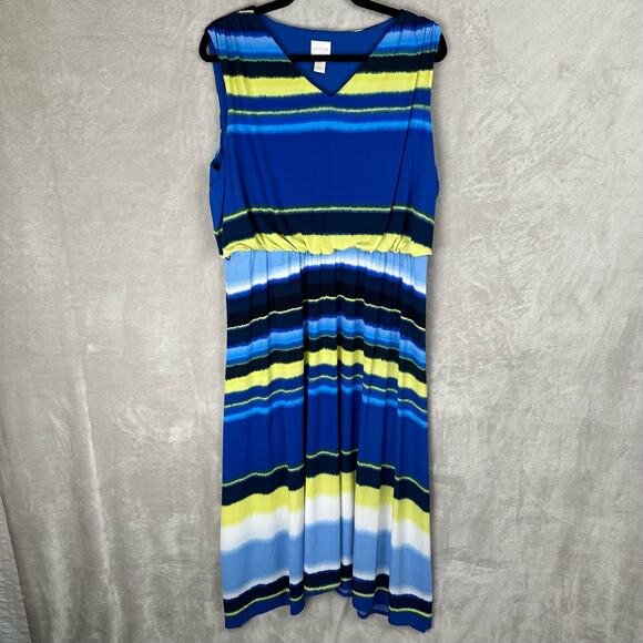 Chicos Dress Women 3 (XL) Blue Striped Sleeveless Blouson Midi Casual Beach Boho - Picture 2 of 13